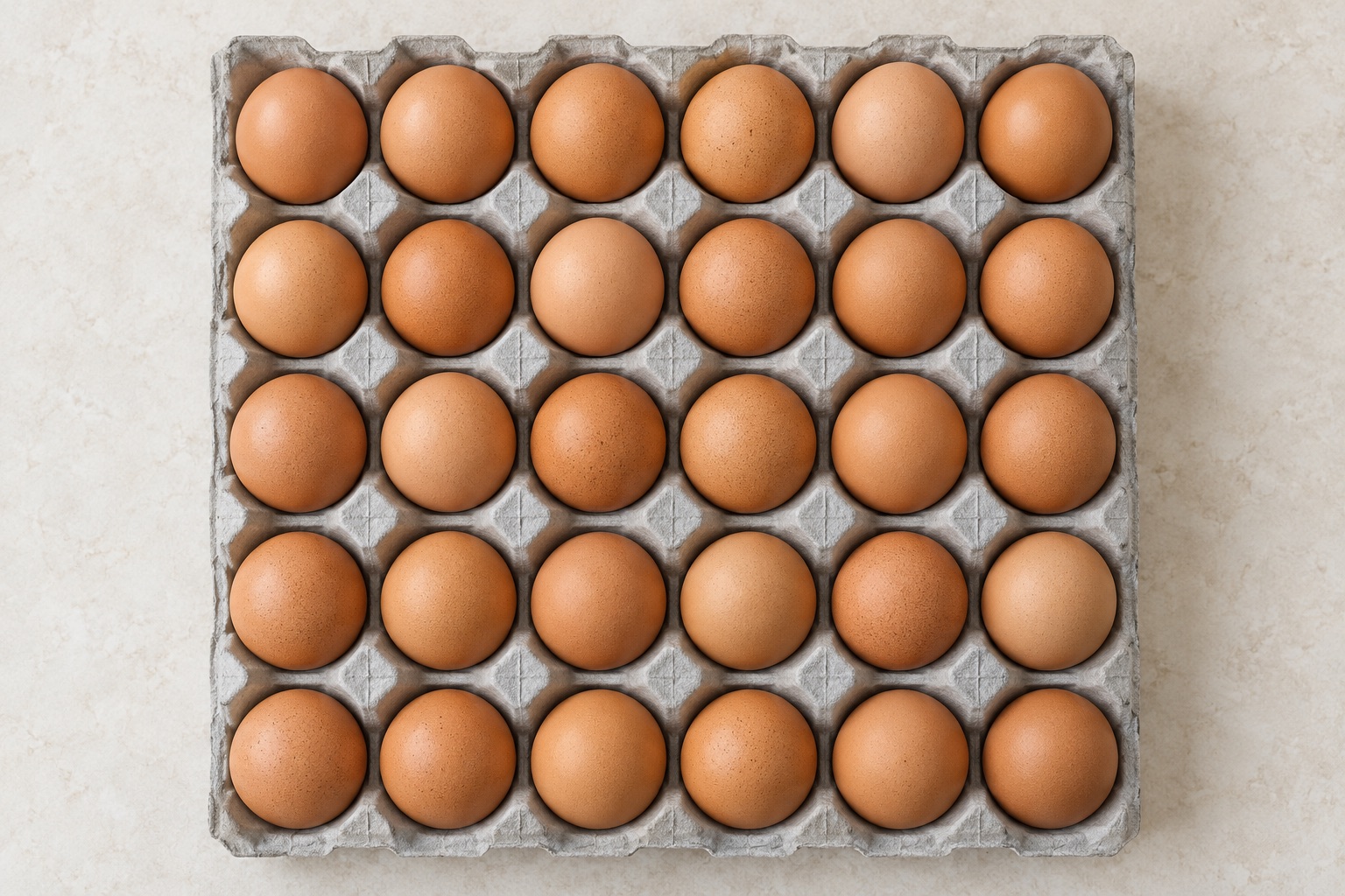 Thirty brown eggs in a tray of five rows by six columns
