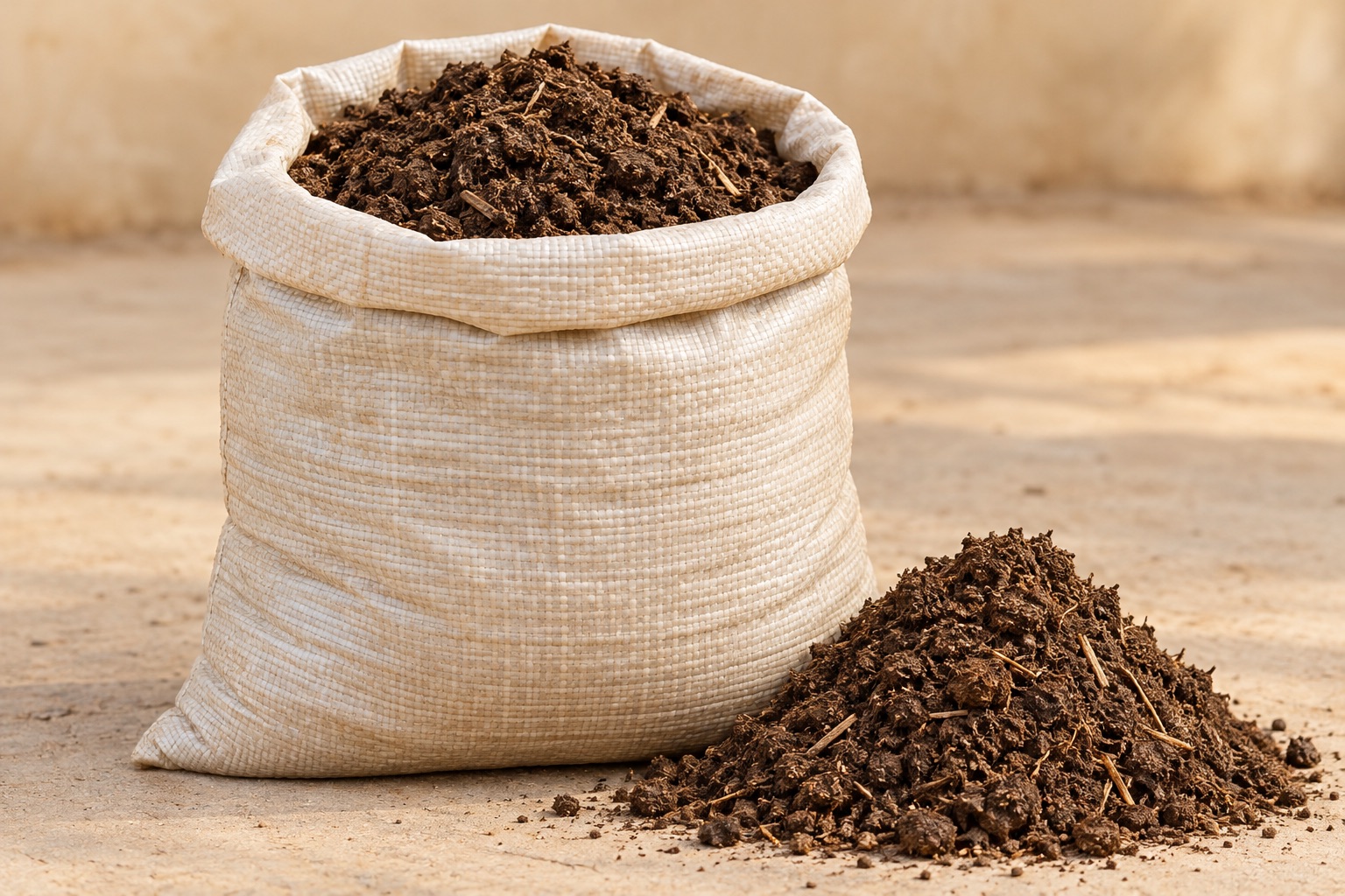 Bagged poultry manure with a small pile showing its texture