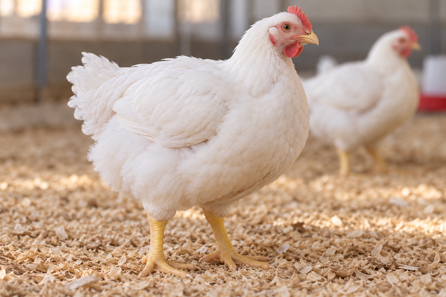 Live white meat broiler standing on dry wood shavings
