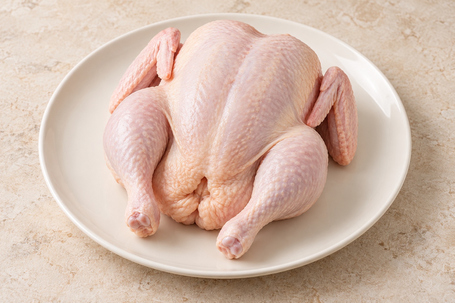 Raw dressed whole chicken on a plain platter