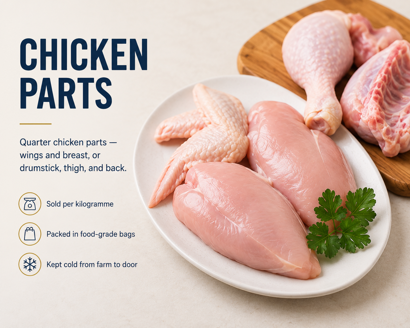 Chicken parts plated with wings, breast, drumsticks and thighs